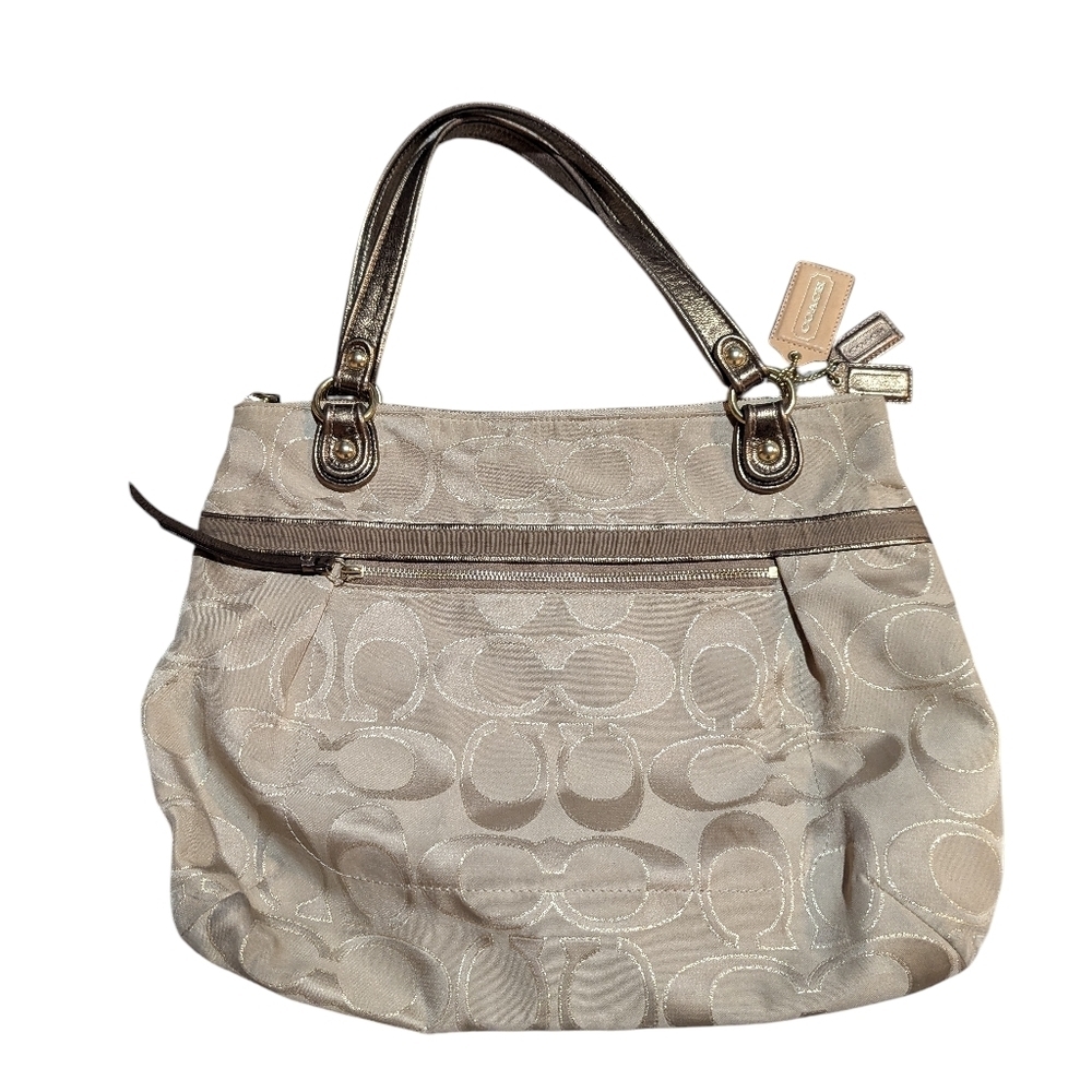 Coach Poppy Beige and Brown Tote Bag Metallic with Dust Bag